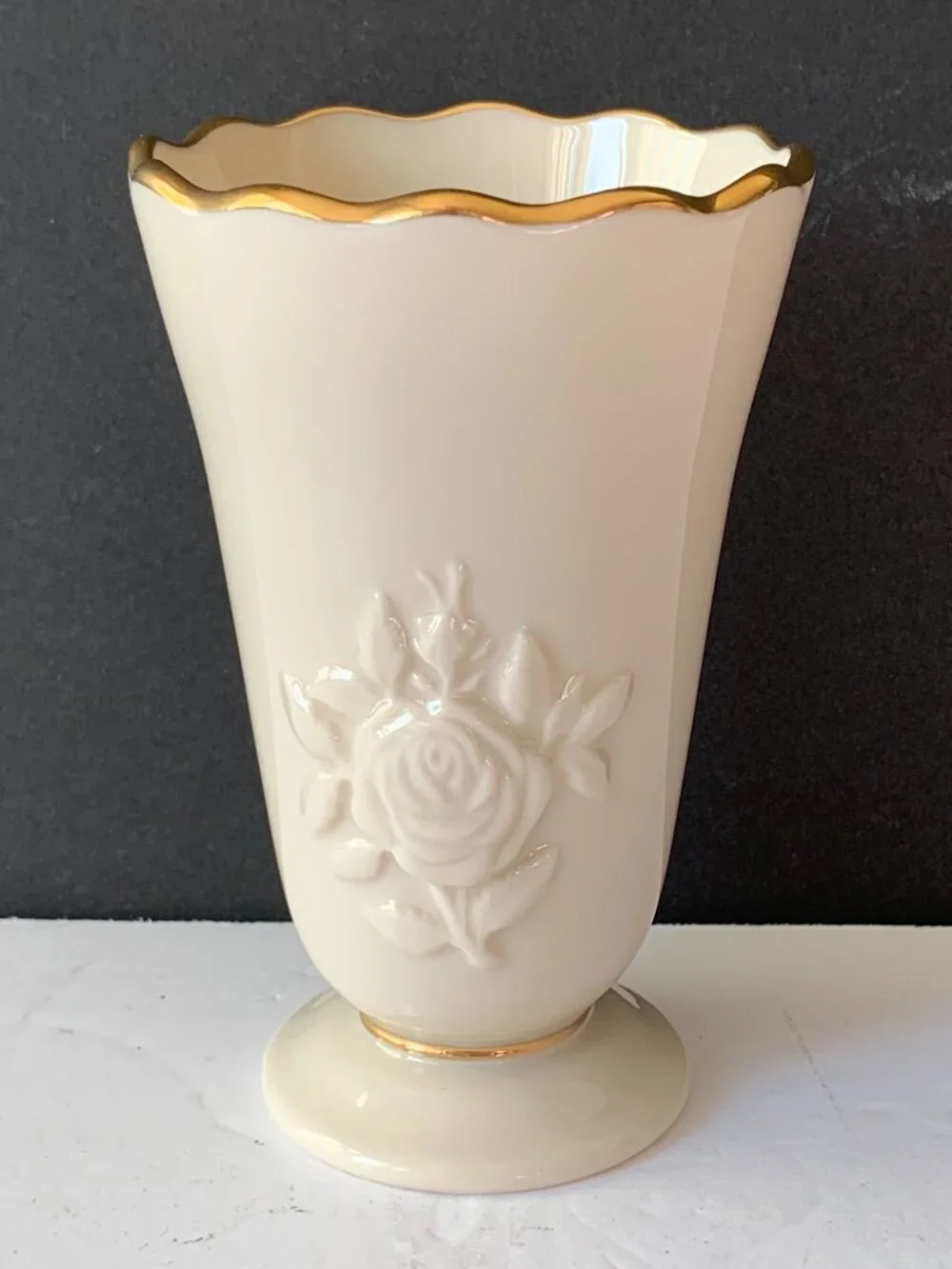 Vintage Lenox Rose Bud Vase Ivory Porcelain 24K Gold Trim Embossed Rose